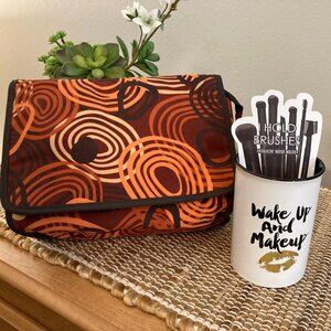 Large Burnt Orange & Brown Cosmetic BAg Makeup Brush Jar